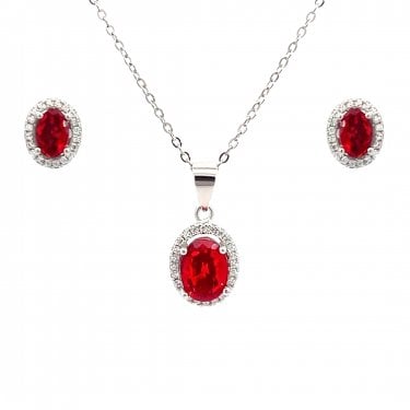 Faith Sterling Silver January Birthstone CZ Oval Halo Necklace & Earrings Set 0.7 x 0.9cm, 0.9 x 1.1cm 16-18"