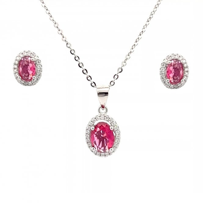 Faith Sterling Silver  July Birthstone CZ Oval Halo Necklace & Earrings Set 0.7 x 0.9cm, 0.9 x 1.1cm 16-18