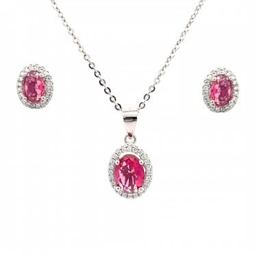 Faith Sterling Silver July Birthstone CZ Oval Halo Necklace & Earrings Set 0.7 x 0.9cm, 0.9 x 1.1cm 16-18"
