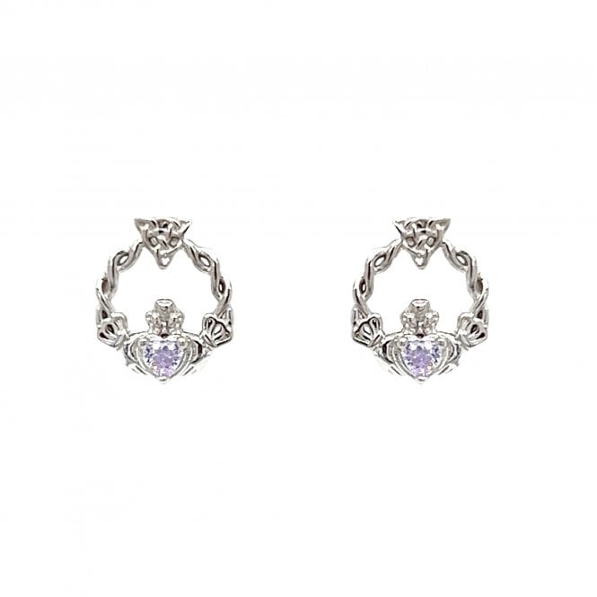 Faith Sterling Silver  June Birthstone Claddagh with Celtic Knot Detail Stud Earrings 0.9 x 1.1cm