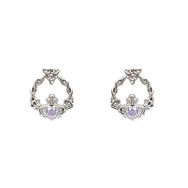 Faith Sterling Silver June Birthstone Claddagh with Celtic Knot Detail Stud Earrings 0.9 x 1.1cm