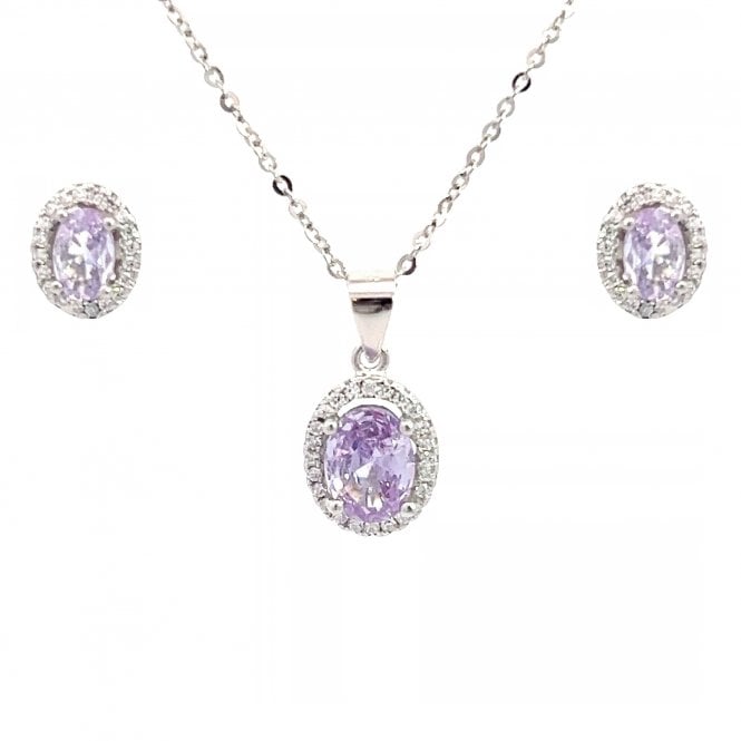 Faith Sterling Silver  June Birthstone CZ Oval Halo Necklace & Earrings Set 0.7 x 0.9cm, 0.9 x 1.1cm 16-18