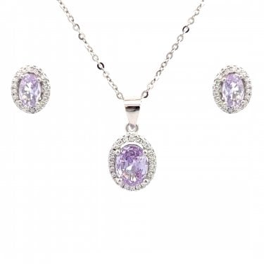 Faith Sterling Silver June Birthstone CZ Oval Halo Necklace & Earrings Set 0.7 x 0.9cm, 0.9 x 1.1cm 16-18"
