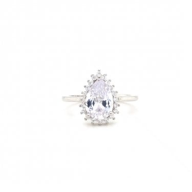 Faith Sterling Silver Kids CZ Pear Claw Set Halo Ring