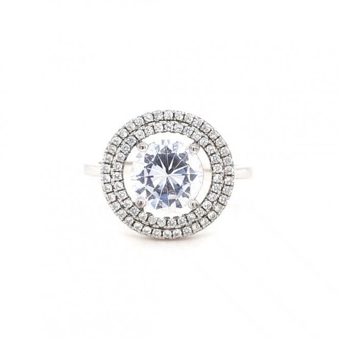 Faith Sterling Silver  Large Round CZ Centre with Double CZ Halo Ring