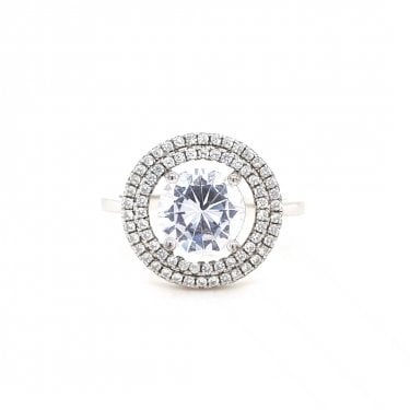 Faith Sterling Silver Large Round CZ Centre with Double CZ Halo Ring