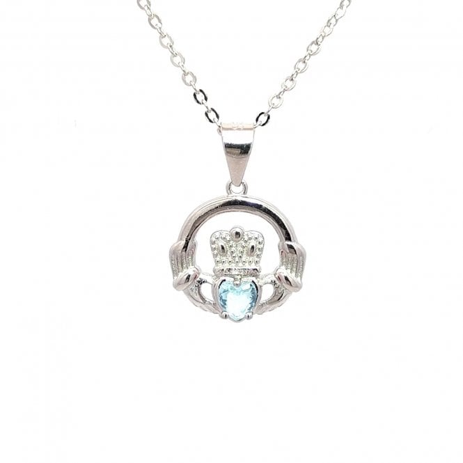 Faith Sterling Silver  March Birthstone Claddagh Necklace 1.4 x 1.3cm, 16-18