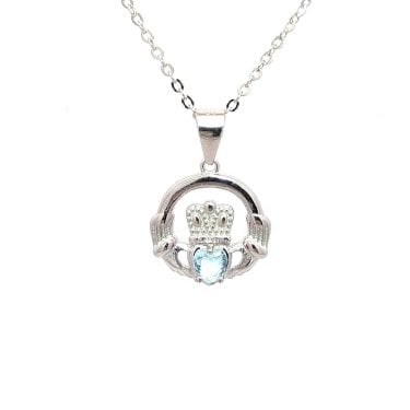 Faith Sterling Silver March Birthstone Claddagh Necklace 1.4 x 1.3cm, 16-18"