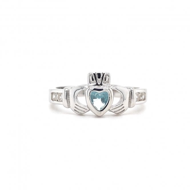 Faith Sterling Silver  March Birthstone Claddagh Ring 
