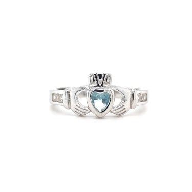 Faith Sterling Silver March Birthstone Claddagh Ring 