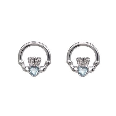 Faith Sterling Silver March Birthstone Claddagh Stud Earrings 1.2 x 1.2cm 