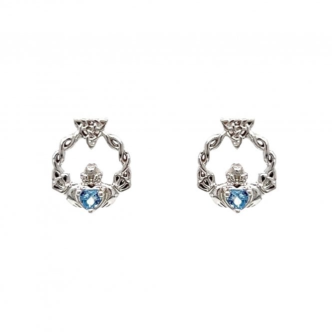 Faith Sterling Silver  March Birthstone Claddagh with Celtic Knot Detail Stud Earrings 0.9 x 1.1cm