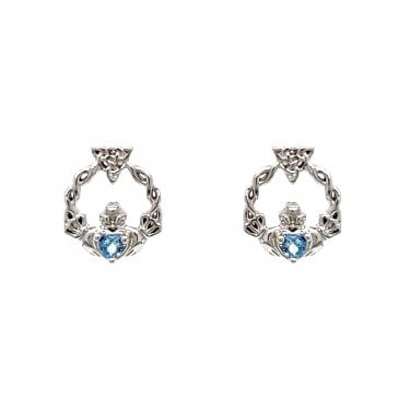 Faith Sterling Silver March Birthstone Claddagh with Celtic Knot Detail Stud Earrings 0.9 x 1.1cm