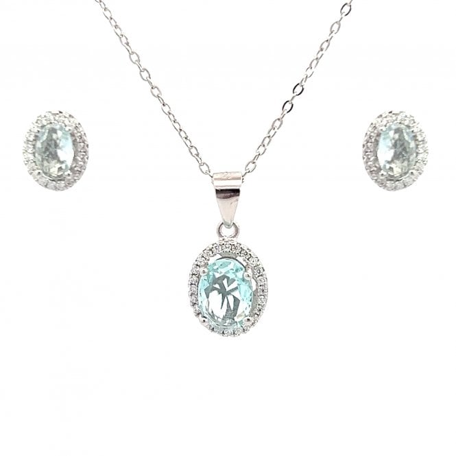 Faith Sterling Silver  March Birthstone CZ Oval Halo Necklace & Earrings Set 0.7 x 0.9cm, 0.9 x 1.1cm 16-18