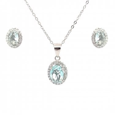 Faith Sterling Silver March Birthstone CZ Oval Halo Necklace & Earrings Set 0.7 x 0.9cm, 0.9 x 1.1cm 16-18"