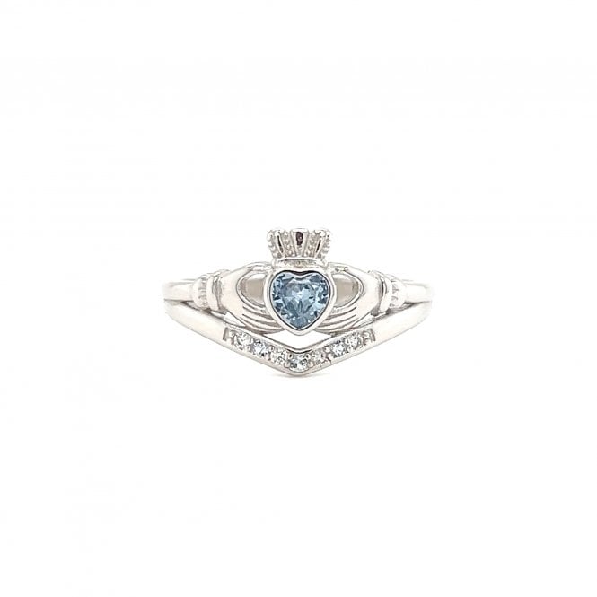 Faith Sterling Silver  March Birthstone Wishbone Claddagh Ring