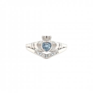 Faith Sterling Silver March Birthstone Wishbone Claddagh Ring