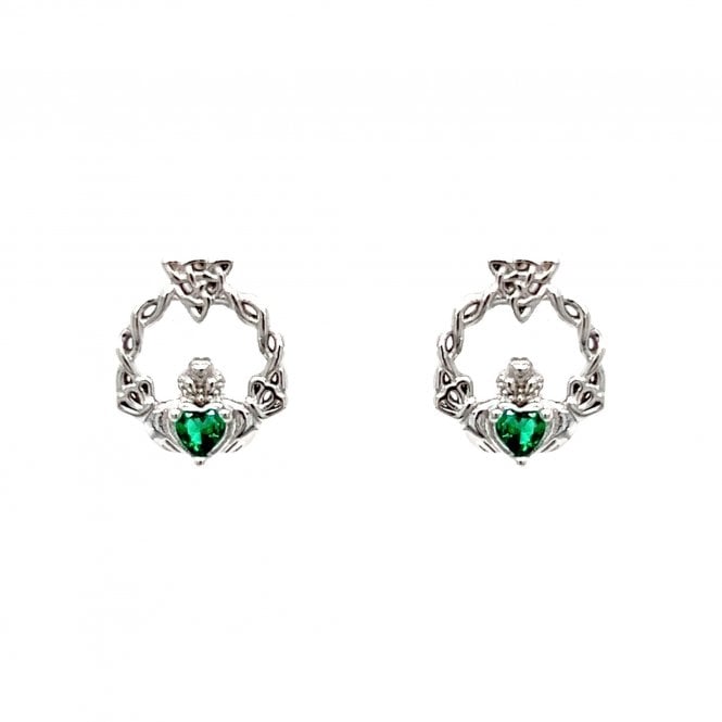 Faith Sterling Silver  May Birthstone Claddagh with Celtic Knot Detail Stud Earrings 0.9 x 1.1cm