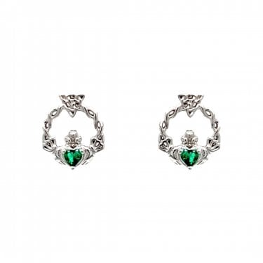 Faith Sterling Silver May Birthstone Claddagh with Celtic Knot Detail Stud Earrings 0.9 x 1.1cm