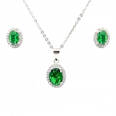Faith Sterling Silver May Birthstone CZ Oval Halo Necklace & Earrings Set 0.7 x 0.9cm, 0.9 x 1.1cm 16-18"