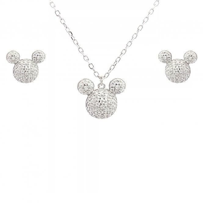 Faith Sterling Silver  Mickey Mouse CZ Pave Necklace & Earrings Set 0.9 x 0.8cm,1.1 x 1cm, 16-18