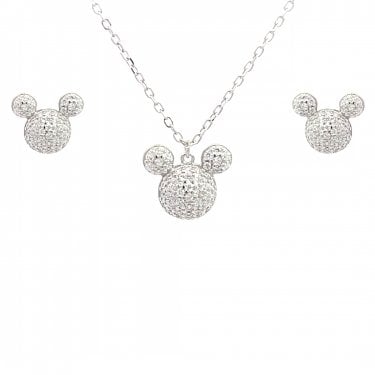 Faith Sterling Silver Mickey Mouse CZ Pave Necklace & Earrings Set 0.9 x 0.8cm,1.1 x 1cm, 16-18"