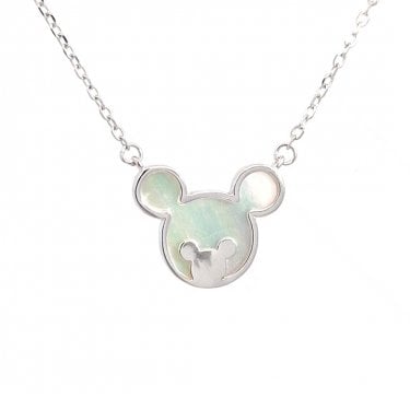 Faith Sterling Silver Mickey Mouse Outline with Mother of Pearl & Small Mickey Mouse Necklace 1.5 x 1.2cm, 16-18"