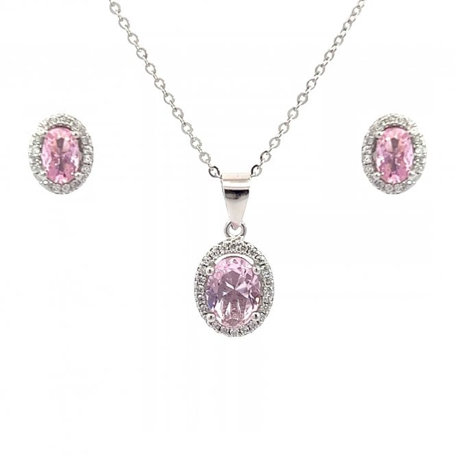 Faith Sterling Silver  October Birthstone Pink CZ Oval Halo Necklace & Earrings Set 0.7 x 0.9cm, 0.9 x 1.1cm 16-18
