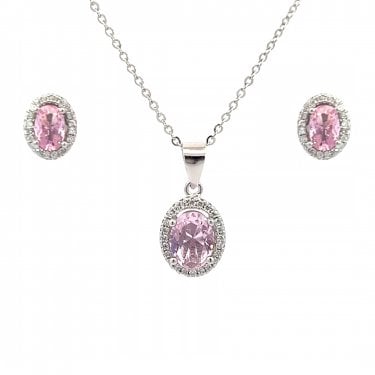 Faith Sterling Silver October Birthstone Pink CZ Oval Halo Necklace & Earrings Set 0.7 x 0.9cm, 0.9 x 1.1cm 16-18"