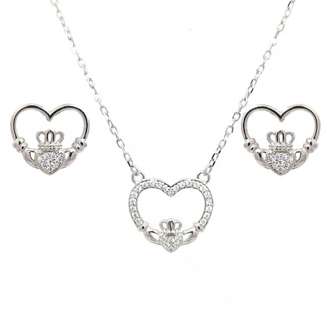 Faith Sterling Silver  Open CZ Heart Claddagh Necklace & Earrings Set 1.3 x 1.1cm, 1.3 x 1.2cm, 16-18