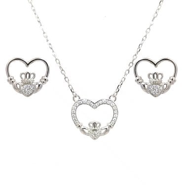 Faith Sterling Silver Open CZ Heart Claddagh Necklace & Earrings Set 1.3 x 1.1cm, 1.3 x 1.2cm, 16-18"