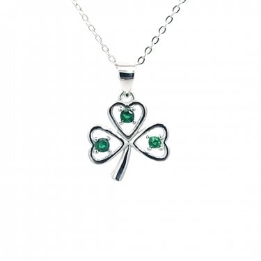 Faith Sterling Silver Open Leaf Shamrock with Green CZ Necklace 1.5 x 1.5cm, 16-18"