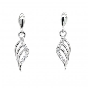 Faith Sterling Silver Part CZ Open Leaf Design Drop Earrings 2.4 x 0.7cm 