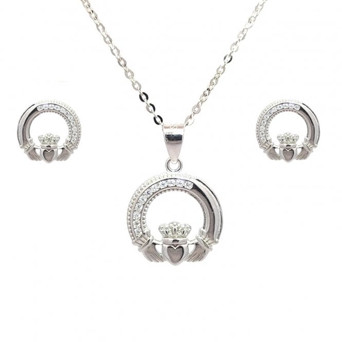Faith Sterling Silver  Part CZ Part Plain Claddagh Necklace & Earrings Set 1 x 1cm, 1.5 x 1.5cm, 16-18