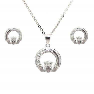 Faith Sterling Silver Part CZ Part Plain Claddagh Necklace & Earrings Set 1 x 1cm, 1.5 x 1.5cm, 16-18"