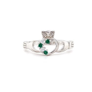 Faith Sterling Silver Part Green & White CZ Open Claddagh Ring 