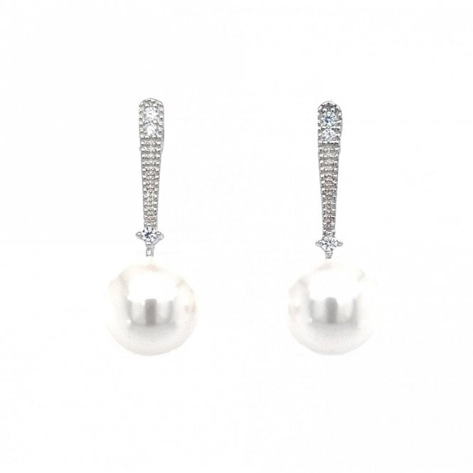 Faith Sterling Silver  Pave Bar with Plain Bead & Round Pearl Drop Earrings 2.3 x 0.8cm