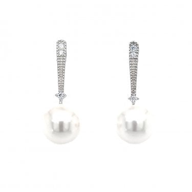 Faith Sterling Silver Pave Bar with Plain Bead & Round Pearl Drop Earrings 2.3 x 0.8cm