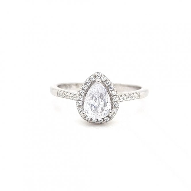 Faith Sterling Silver  Pear CZ with CZ Halo & CZ Shoulders Ring