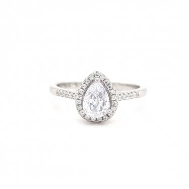 Faith Sterling Silver Pear CZ with CZ Halo & CZ Shoulders Ring