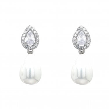 Faith Sterling Silver Pear Halo Stud with Teardrop Pearl Drop Earrings 1 x 2cm