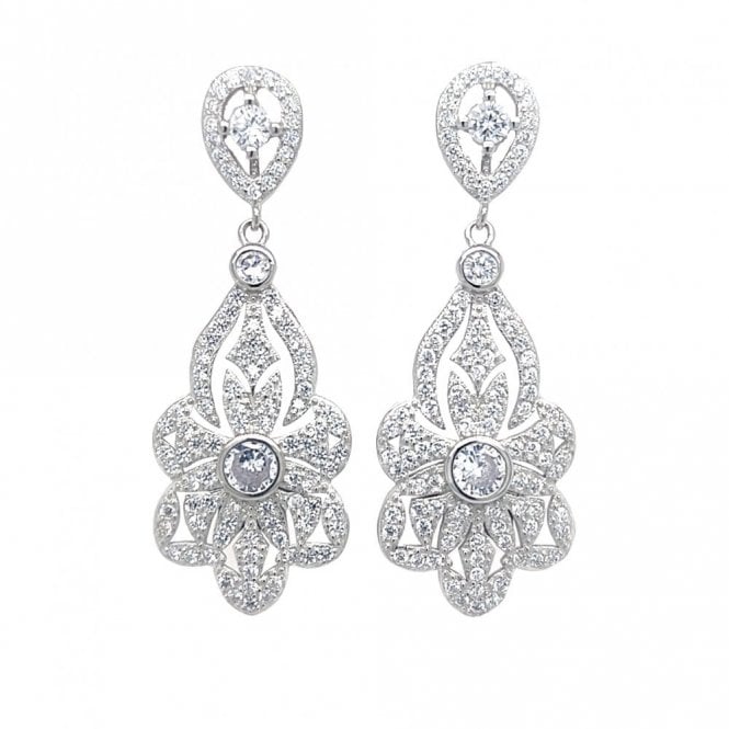 Faith Sterling Silver  Pear Halo with Ornate Large Flower Cluster Drop Earrings 3.8 x 1.5cm 