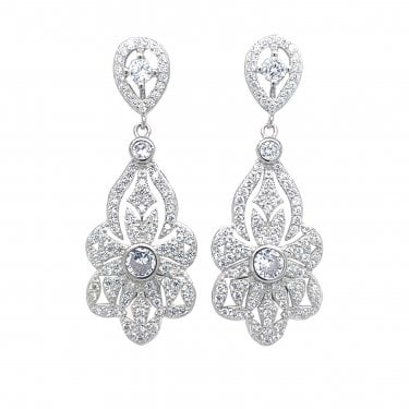 Faith Sterling Silver Pear Halo with Ornate Large Flower Cluster Drop Earrings 3.8 x 1.5cm 