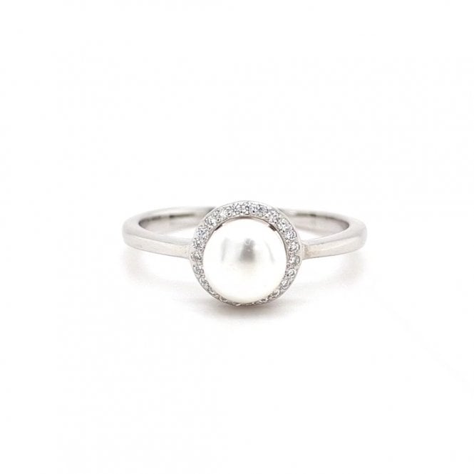 Faith Sterling Silver  Pearl Centre with CZ Rubover Halo Ring