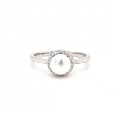 Faith Sterling Silver Pearl Centre with CZ Rubover Halo Ring