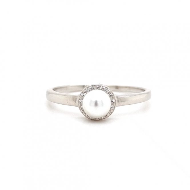 Faith Sterling Silver  Pearl Solitaire with CZ Halo Ring