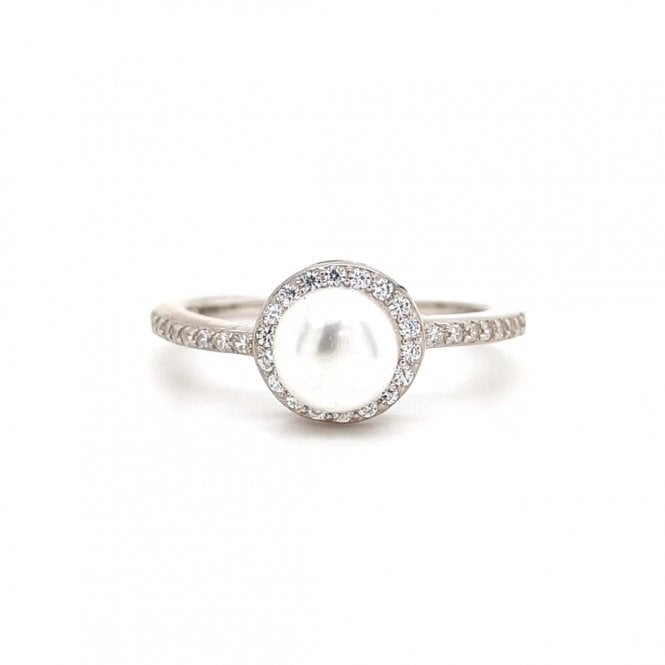 Faith Sterling Silver  Pearl Solitaire with CZ Halo & Shoulders Ring
