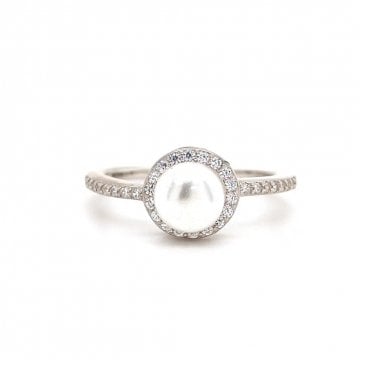 Faith Sterling Silver Pearl Solitaire with CZ Halo & Shoulders Ring