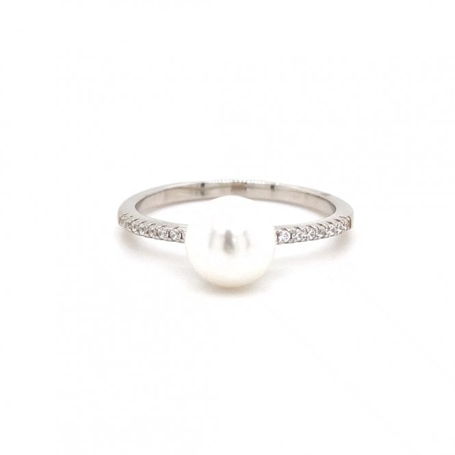 Faith Sterling Silver  Pearl Solitaire with CZ Shoulders Ring