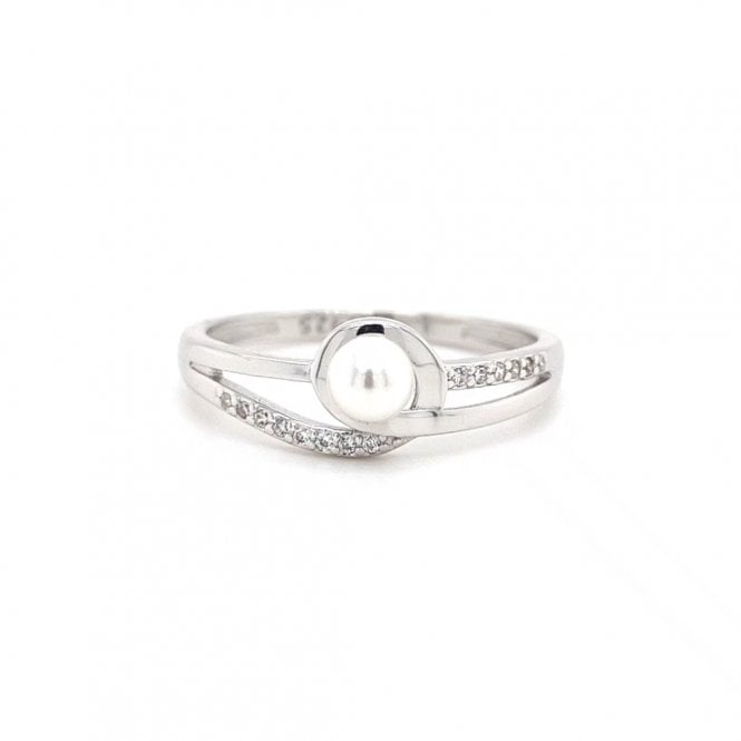 Faith Sterling Silver  Pearl Solitaire with Part Plain Part CZ Twist Surround Ring
